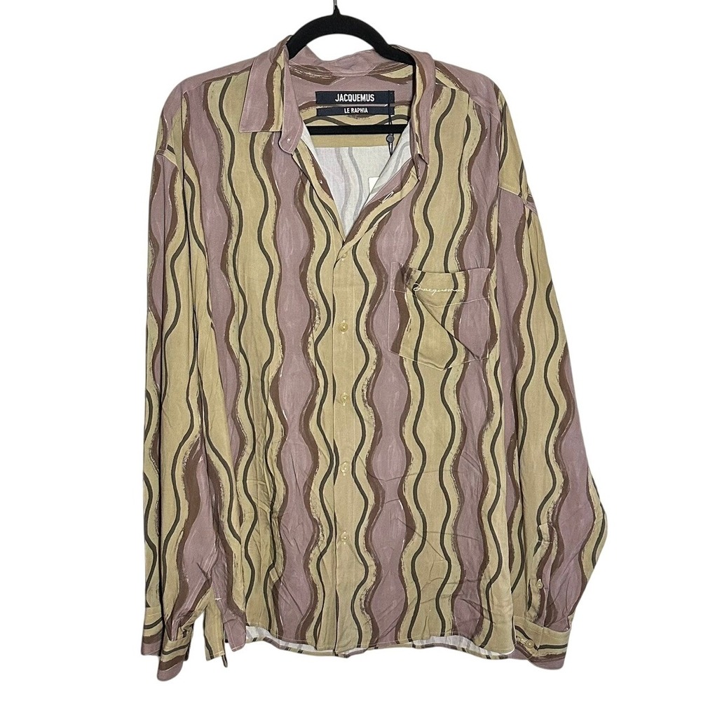 NEW Jacquemus Le Raphia Brown Waves Print Button Down Shirt Men's Size 54